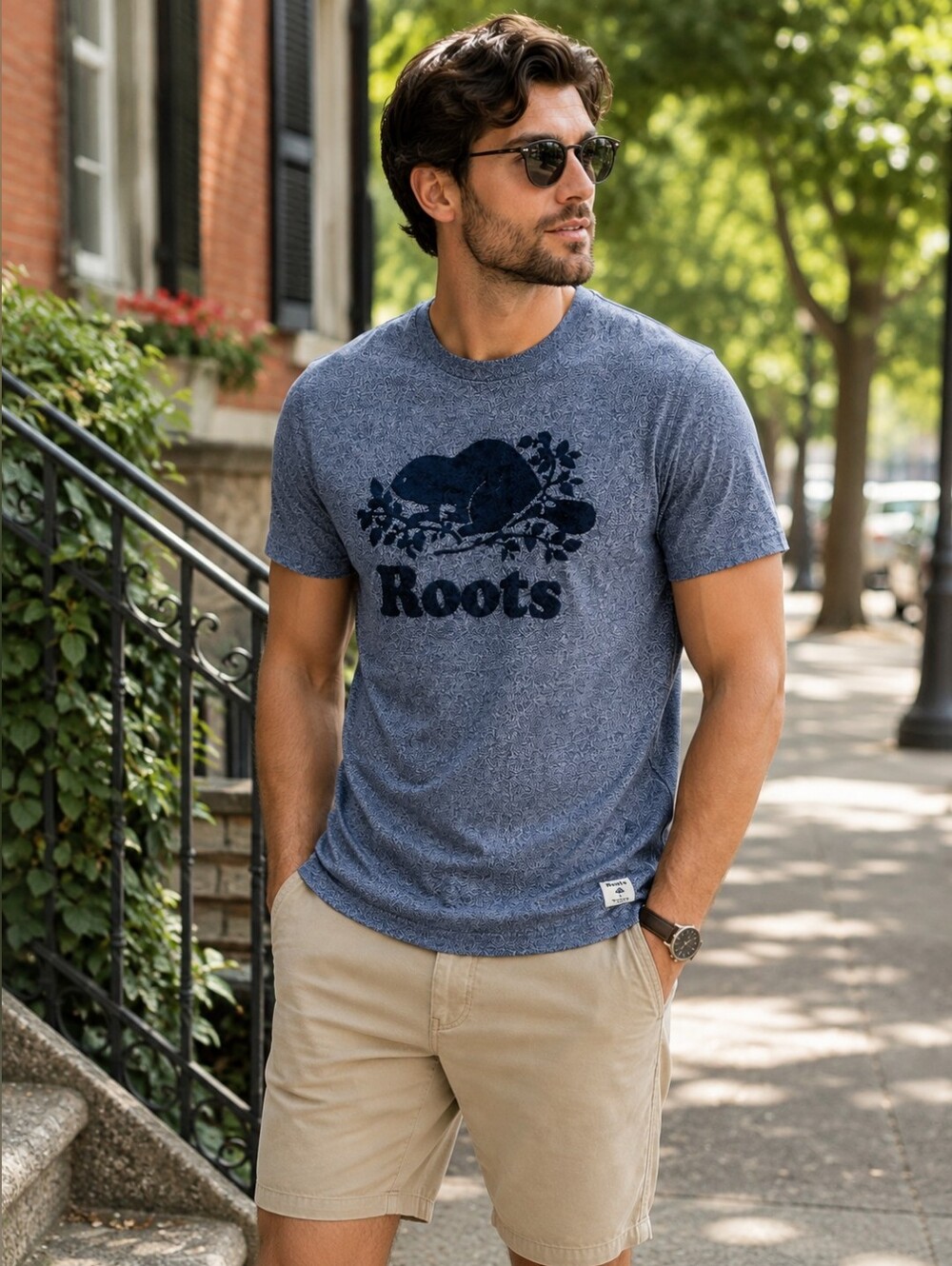 ROOTS CANADA Beaver Logo Flocked T-Shirt Blue Marled Heritage Tee